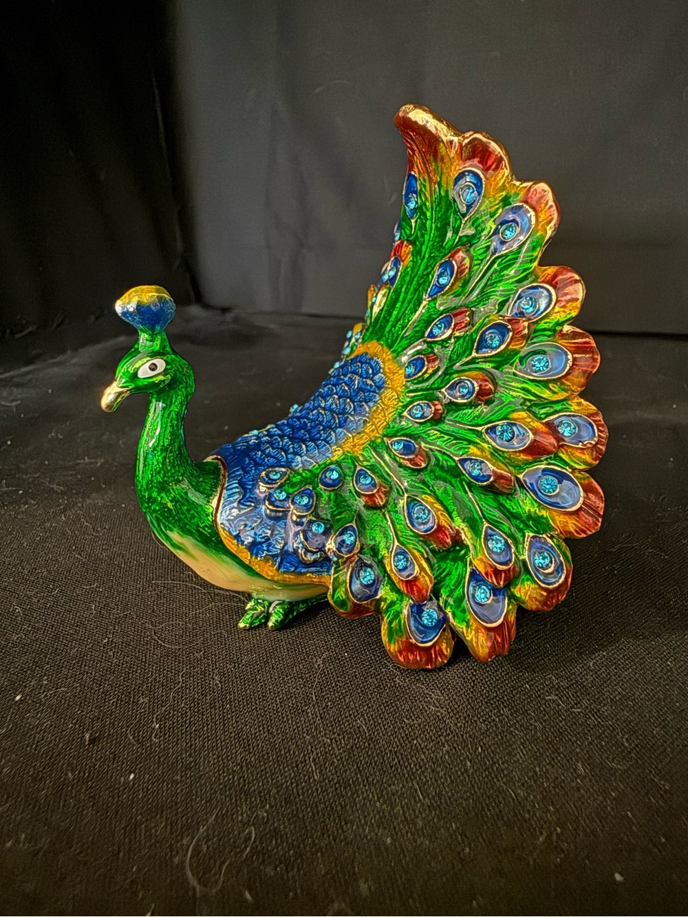 Enamel Painted Metal Green & Blue Peacock Trinket Box - Gold Accents-Home Accent